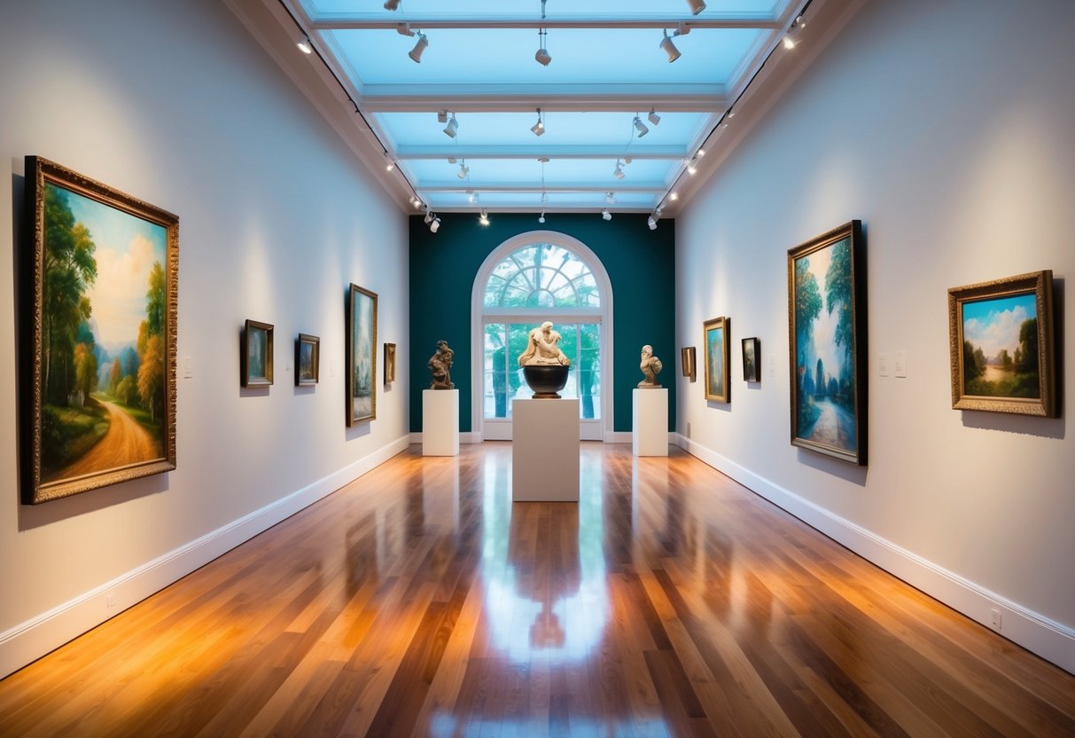 A serene art gallery with vibrant paintings and sculptures, soft lighting, and polished wooden floors
