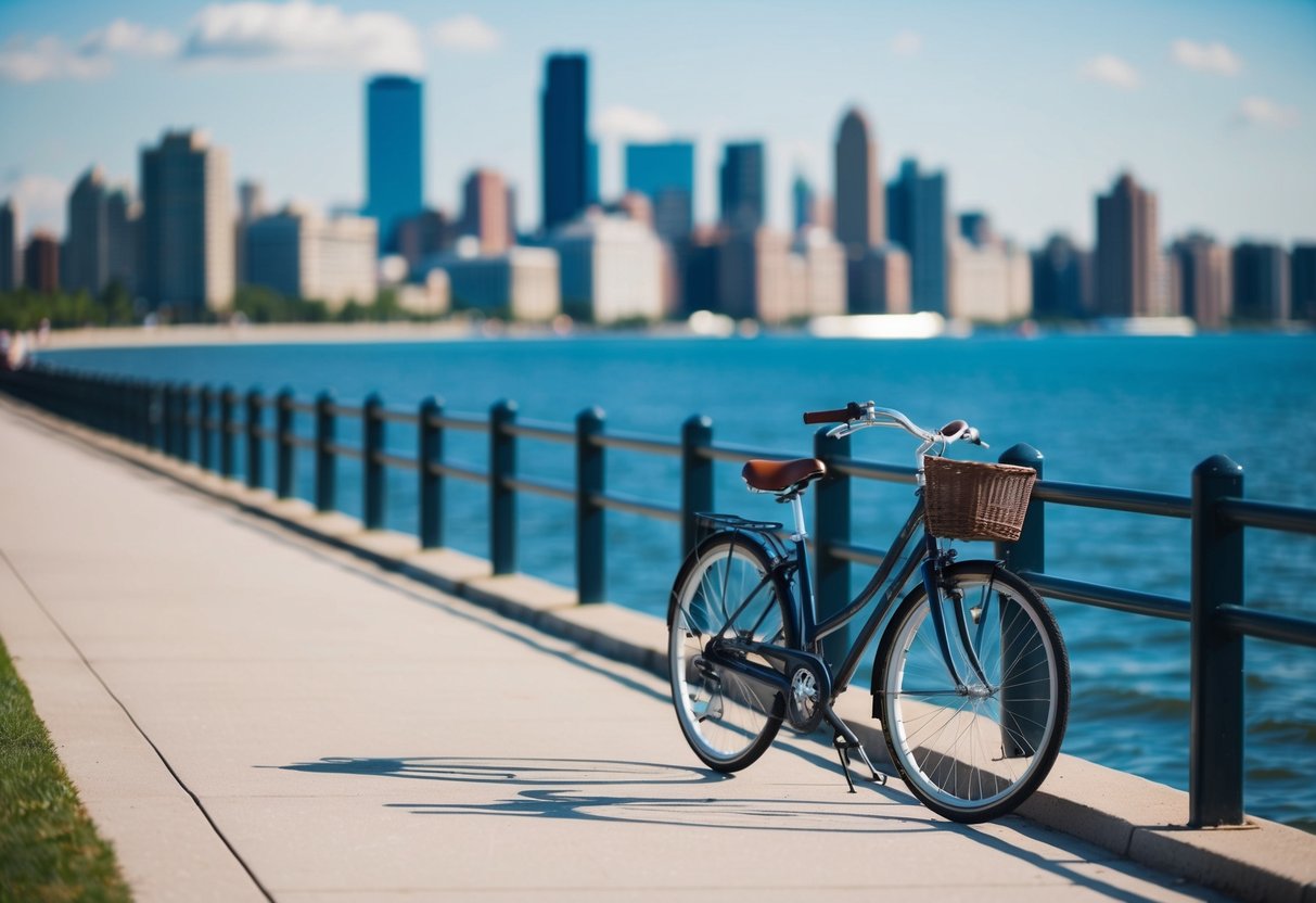 A couple bikes along the Lakefront Path, with the shimmering water and city skyline in the background