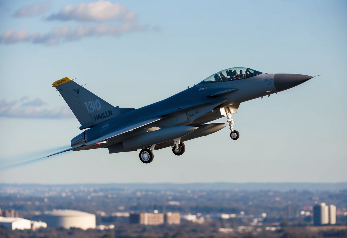 A fighter jet soaring through the sky, performing aerobatic maneuvers over the Hamilton landscape