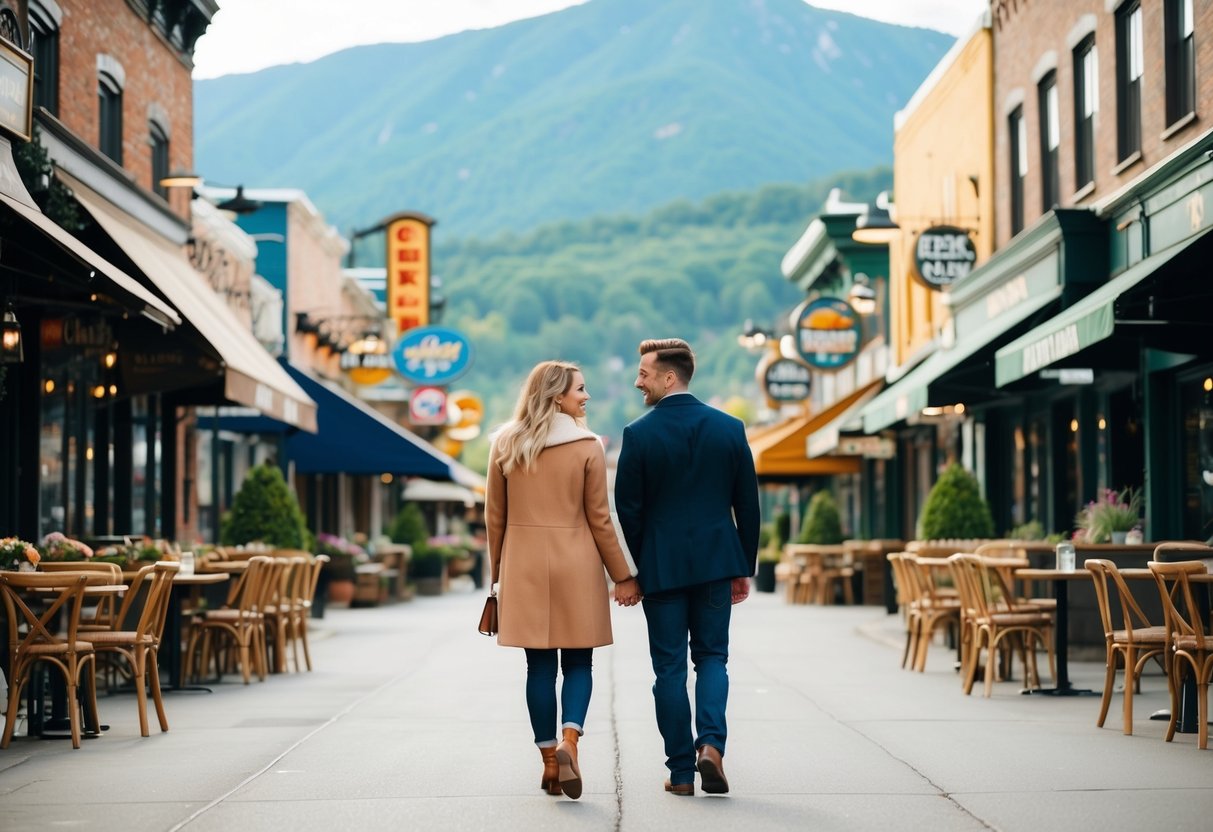 A couple strolling through a vibrant downtown street lined with cozy cafes and live music venues, surrounded by lush mountains in the distance