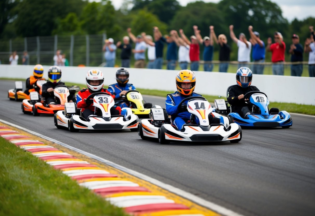 A group of go-karts racing around a track at Cameron Speedway, with spectators cheering from the sidelines