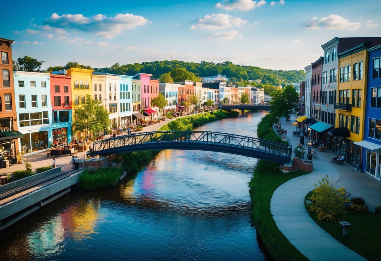 Colorful buildings line a winding river, with art galleries and studios bustling with activity. A bridge spans the water, offering a picturesque view of the vibrant arts district