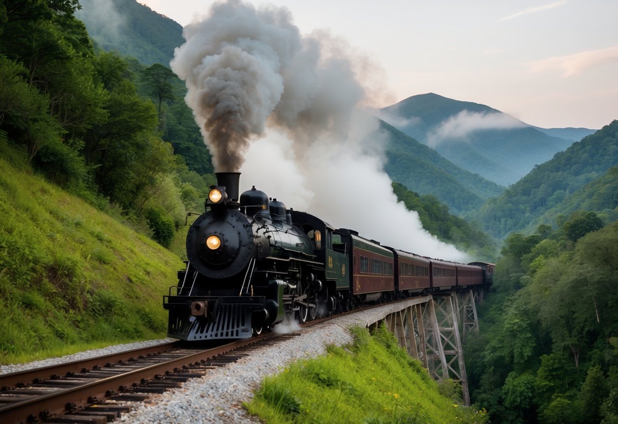 A steam train chugs through the lush, misty mountains, crossing wooden trestles and winding through tunnels on Great Smoky Mountains Railroad