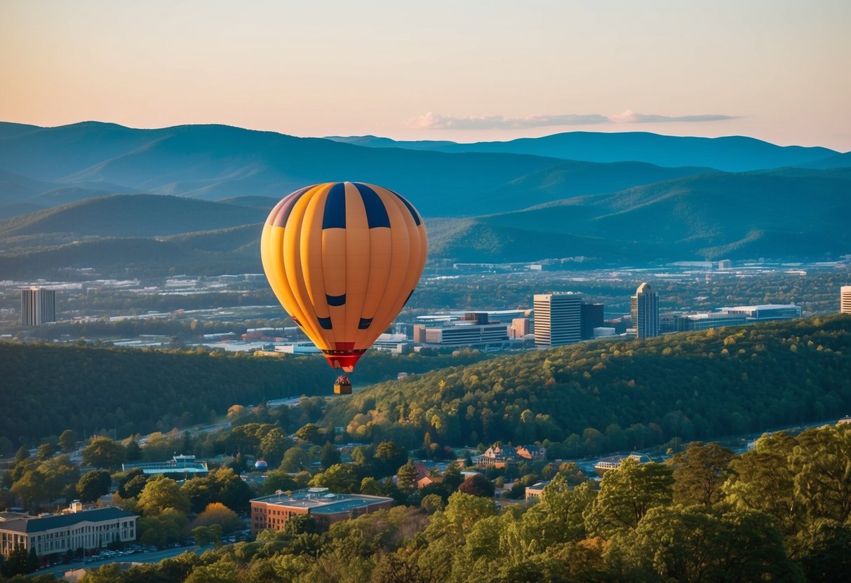 A hot air balloon floats over the picturesque landscape of Asheville, North Carolina, with rolling hills, lush forests, and charming city views below