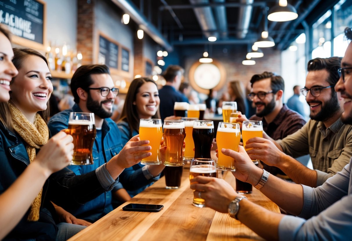 A bustling brewery scene with diverse patrons enjoying craft beer flights and socializing in a lively atmosphere