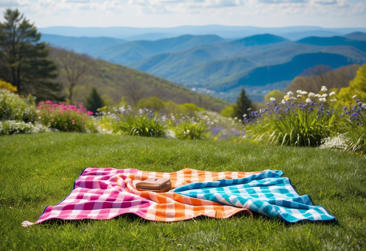 A colorful picnic blanket spread out on the grassy hillside at Craggy Gardens, surrounded by blooming wildflowers and a panoramic view of the Blue Ridge Mountains