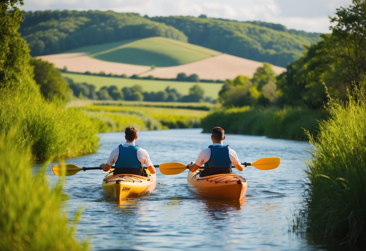 A couple kayaking on French Broad River, surrounded by lush greenery and rolling hills