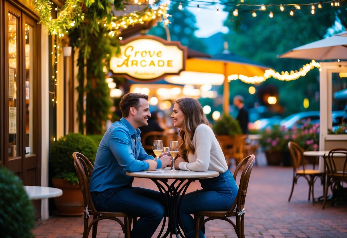 A couple sits at a table in a charming cafe, surrounded by twinkling fairy lights and lush greenery, enjoying a romantic evening at Grove Arcade in Asheville, NC