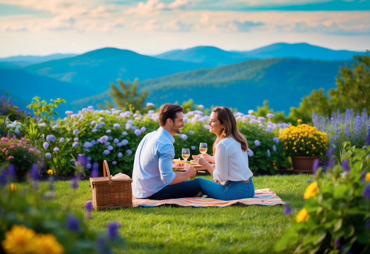 A couple picnicking in a lush, flower-filled garden with a view of the Blue Ridge Mountains in the background