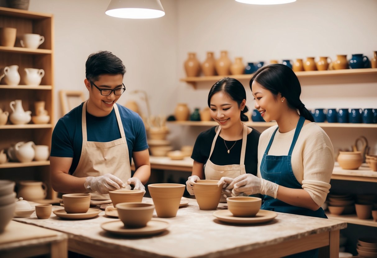 A cozy pottery studio with two couples creating clay masterpieces together. Warm lighting and shelves of colorful ceramics in the background