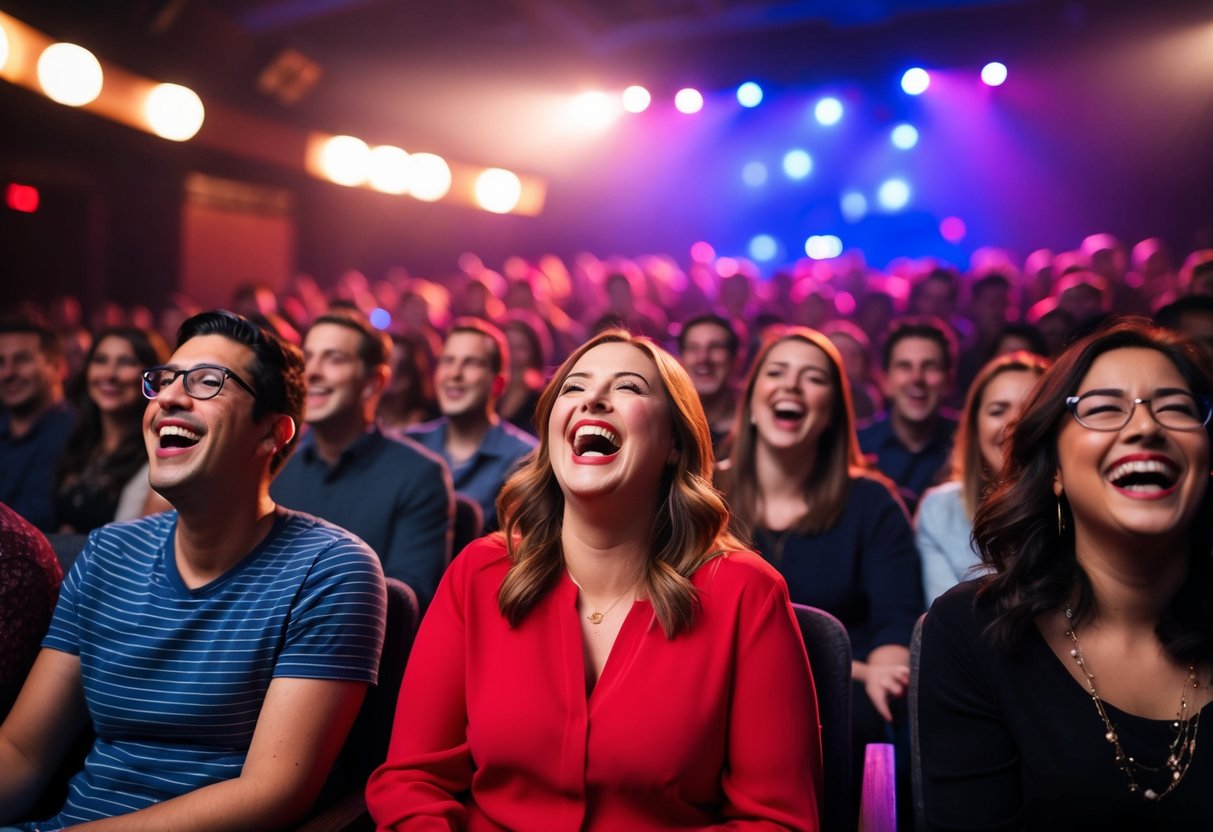 Audience laughing in a dimly lit theater at Second City Chicago