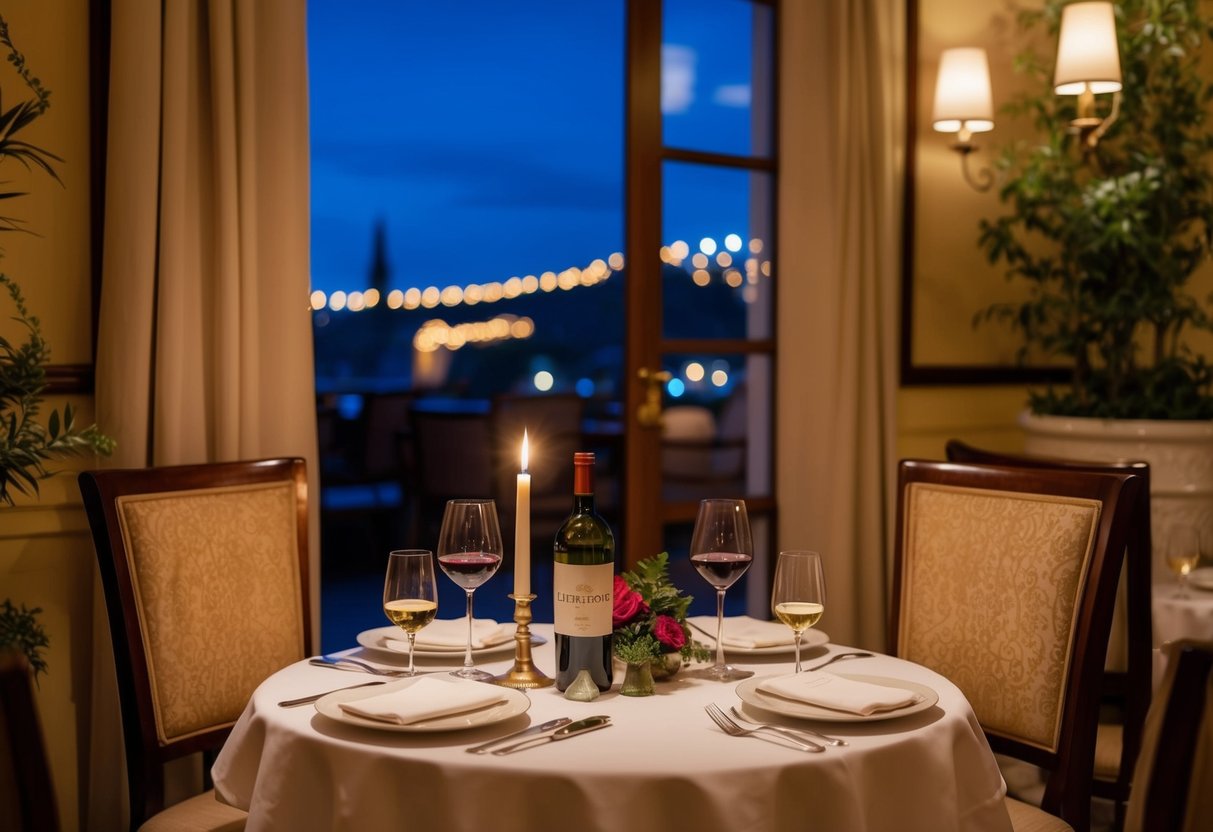 A cozy table for two with candlelight and wine at Liberatore's Ristorante, surrounded by elegant Italian decor
