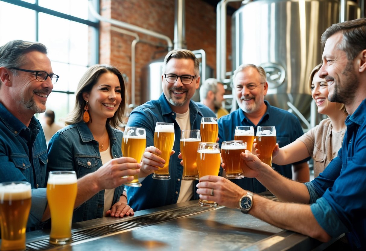 A group of adults enjoy a craft brewery tour, sampling beers and learning about the brewing process. The atmosphere is lively and social