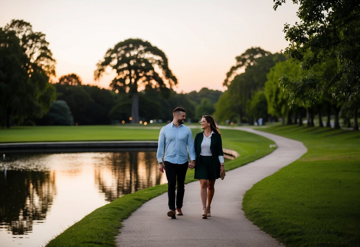 A couple strolls through Rockfield Park at dusk, passing by the tranquil pond and winding pathways lined with lush greenery