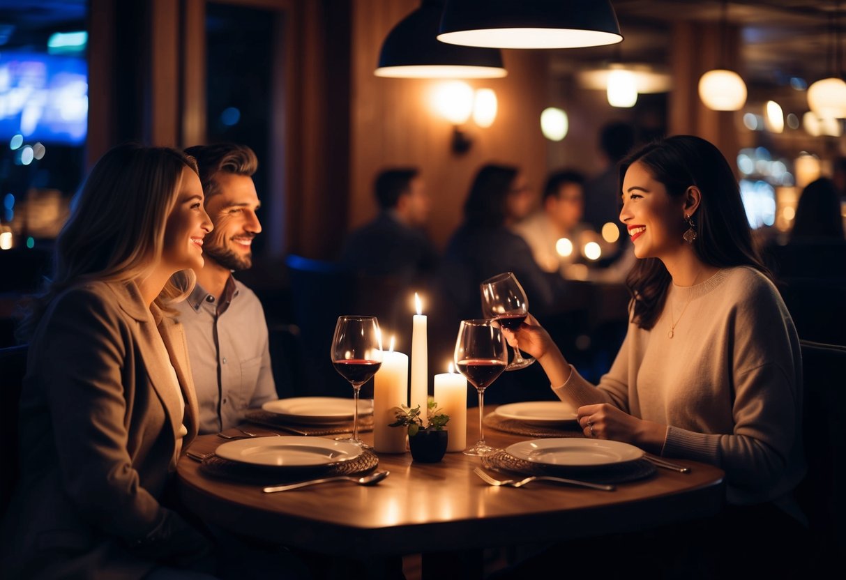 A cozy restaurant with dim lighting and a candlelit table for four. Soft music plays in the background as couples chat and laugh over glasses of wine
