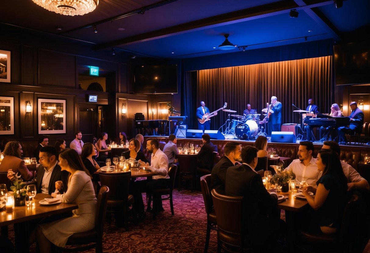 A cozy, dimly lit jazz club with a stage, where a live band plays soulful music. Tables are filled with couples enjoying a romantic date night