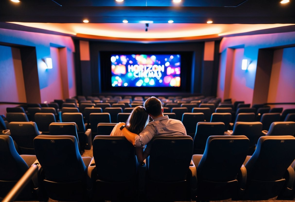 A couple sits in a dimly lit movie theater, surrounded by rows of empty seats. The screen glows with colorful images as they enjoy a date night at Horizon Cinemas