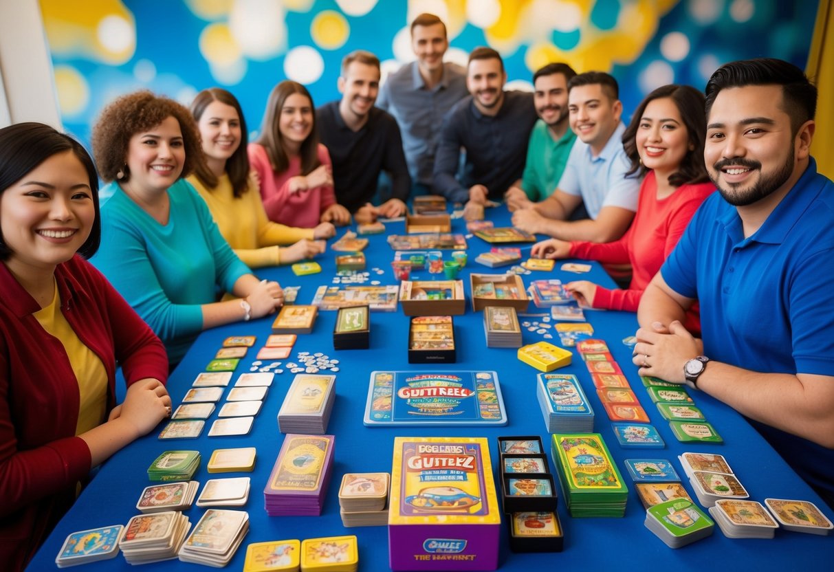 A colorful array of board games and card decks spread across a table, surrounded by cheerful players at Gutterz Fun Center