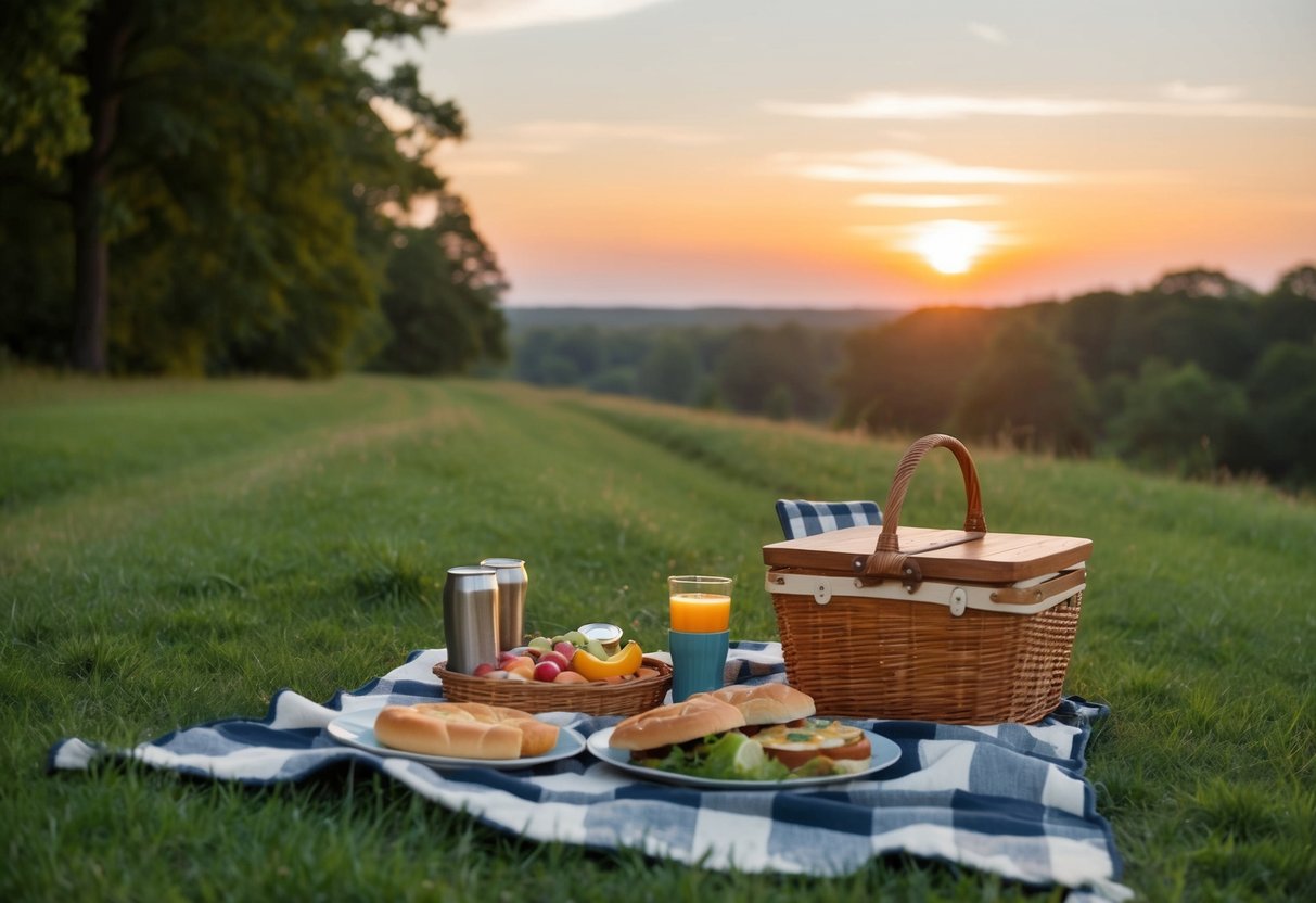 A cozy picnic on the Ma and Pa Heritage Trail at sunset, with a blanket spread out on the grass and a basket of food and drinks nearby
