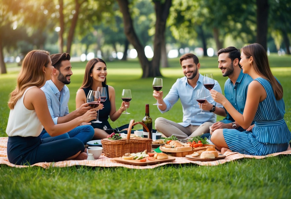 A picnic in a lush park, with a spread of gourmet food and wine, surrounded by friends chatting and laughing