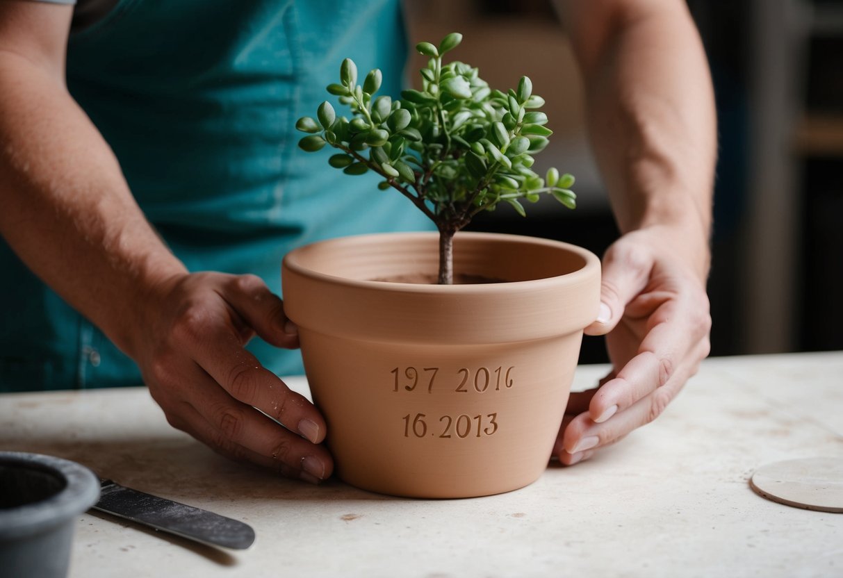 A pair of hands shaping air dry clay into a personalized plant pot, with initials and date ideas carved into the surface