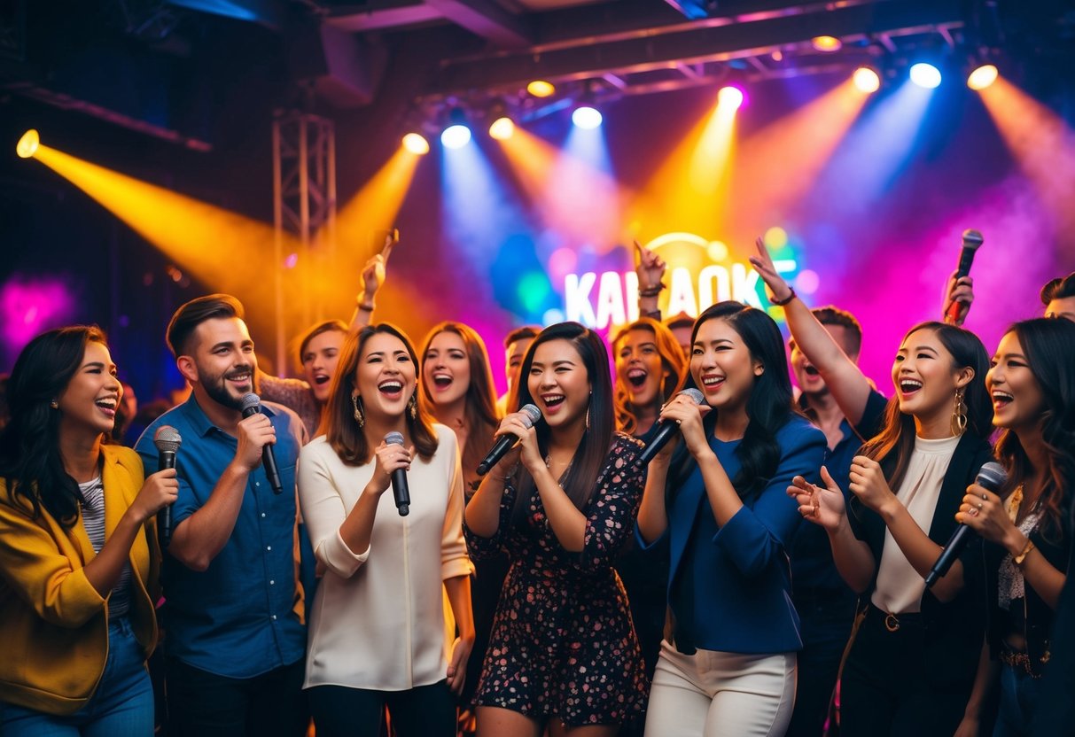 A lively karaoke battle night with friends, colorful stage lights, microphones, and a cheering crowd
