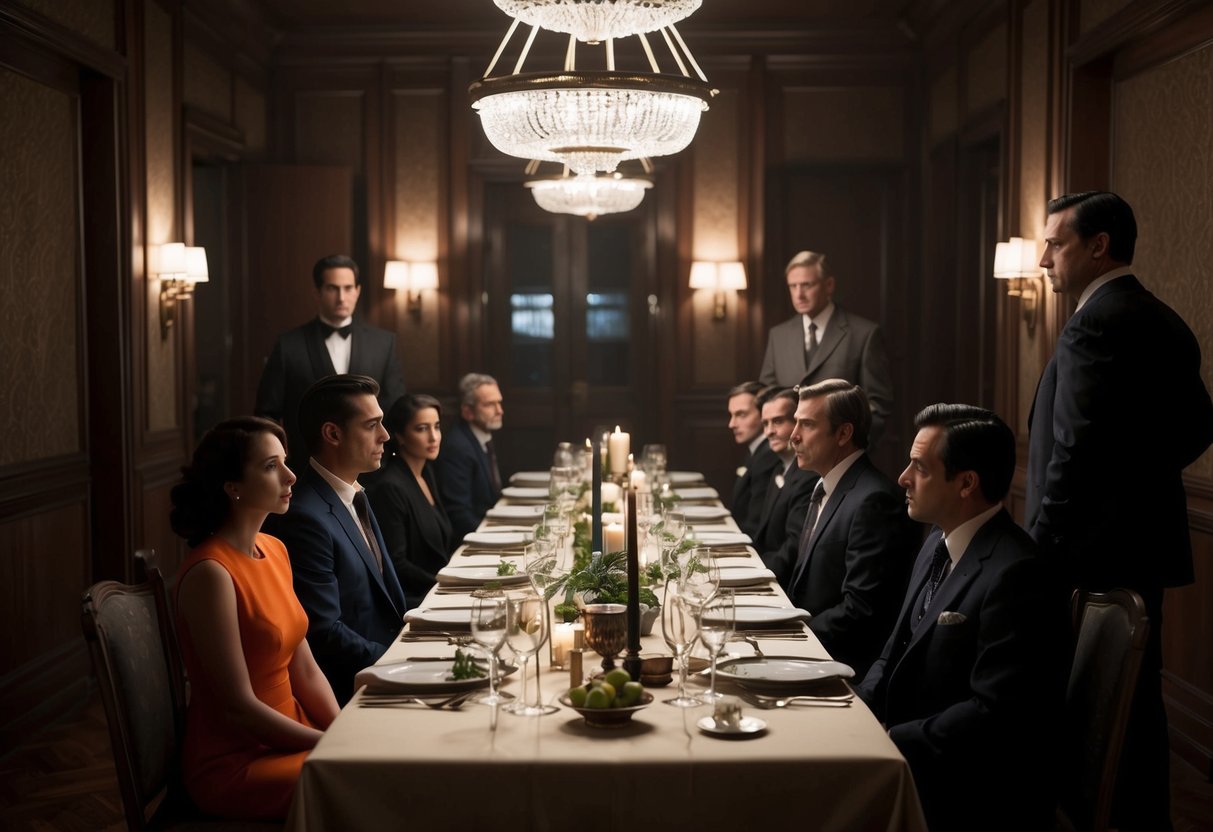 A dimly lit dining room with a long table set for a fancy dinner. Suspicious characters in formal attire converse while a detective surveys the room