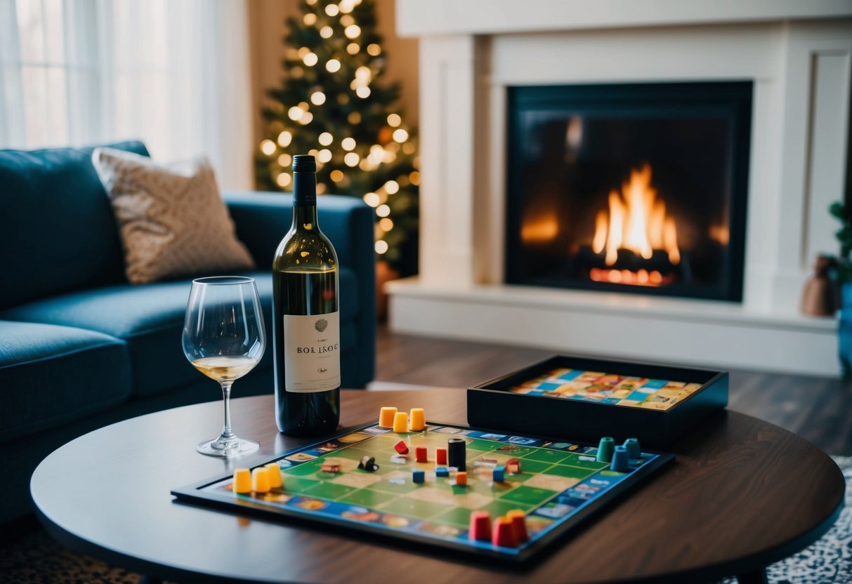 A cozy living room with a crackling fireplace, a bottle of wine and two glasses on the table, and a board game set up for a romantic date night