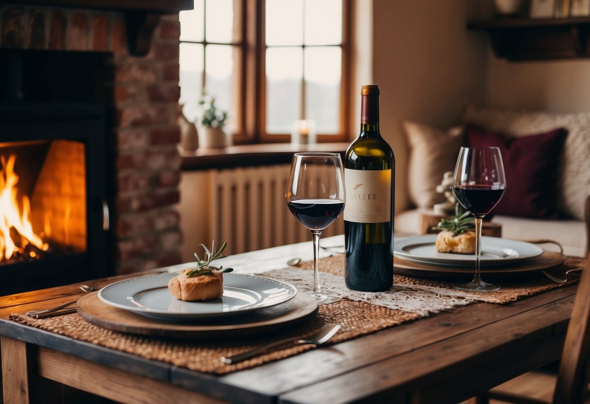 A cozy cottage with a crackling fire, a rustic wooden table set for a romantic dinner, and a bottle of wine waiting to be uncorked