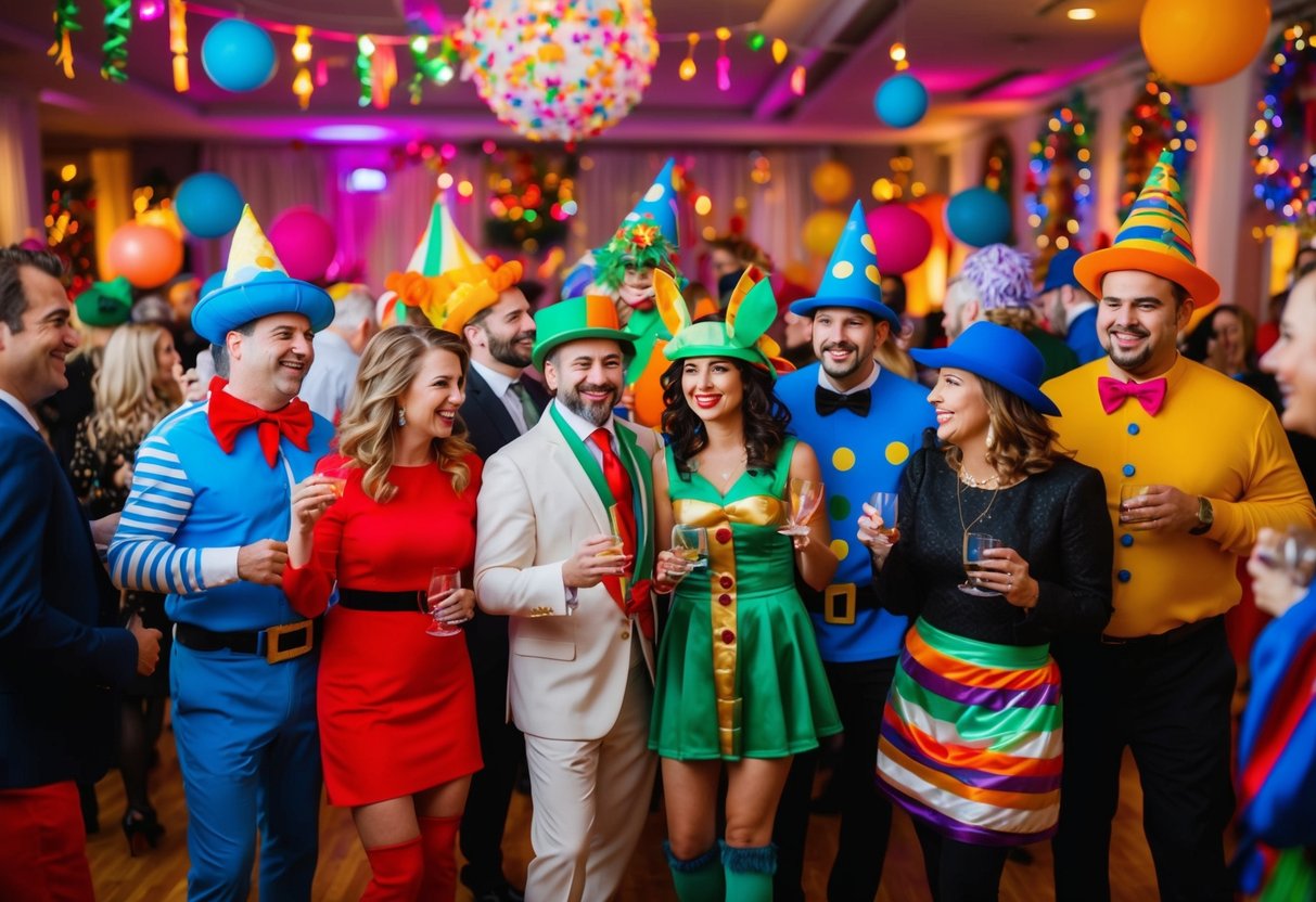 A group of adults in themed costumes mingle at a lively party, surrounded by colorful decorations and festive music