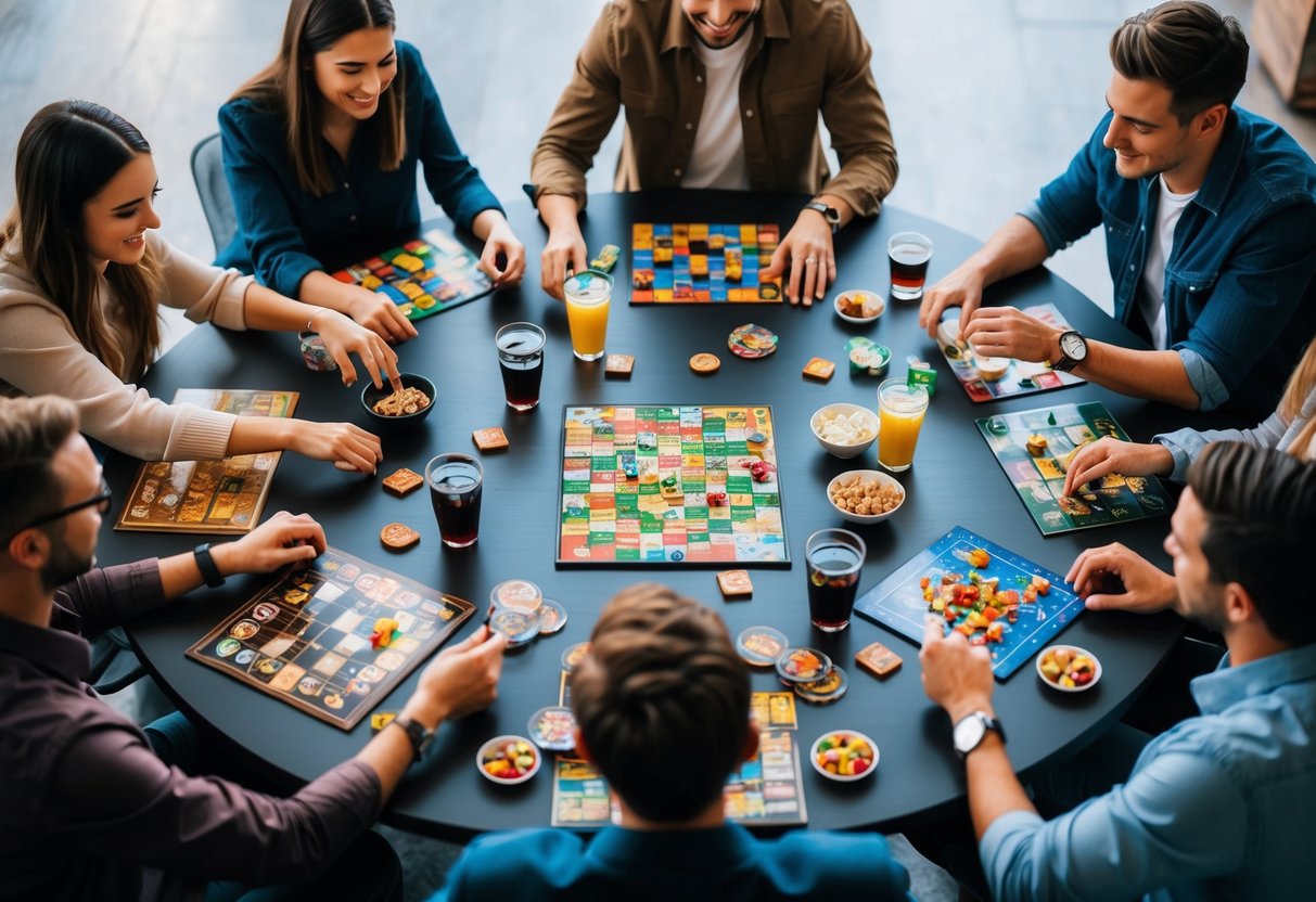 A table surrounded by friends playing various board games, with snacks and drinks scattered around