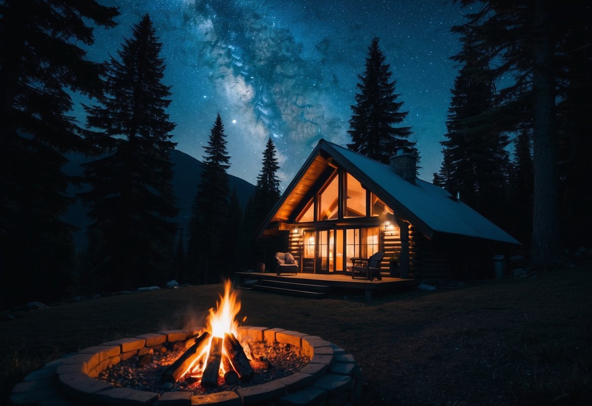 A cozy mountain cabin with a crackling fire, surrounded by dark silhouettes of towering trees under a starry night sky