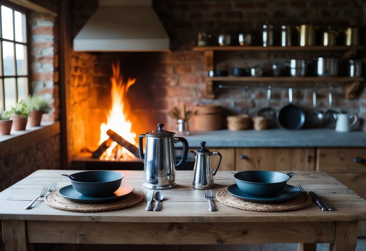 A cozy barn kitchen with a crackling fire, vintage cookware, and a rustic wooden table set for two