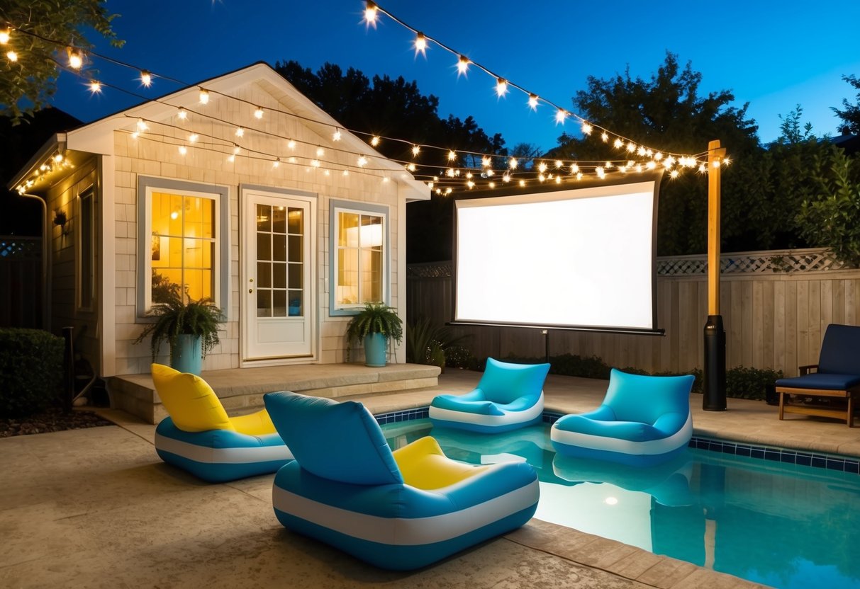 A cozy pool house with string lights, a projector screen, and floating inflatable chairs for a romantic movie night under the stars