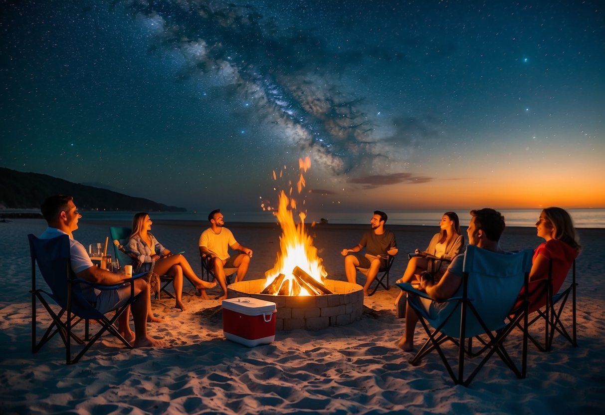 A beach bonfire with a circle of friends, chairs, blankets, and a cooler of drinks under a starry night sky