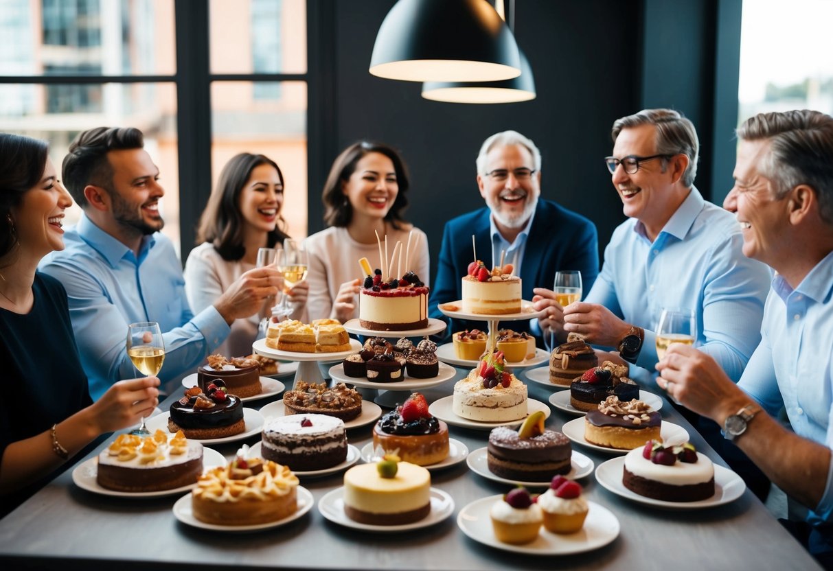 A table filled with decadent desserts from various restaurants, surrounded by a group of adults laughing and enjoying the sweet treats