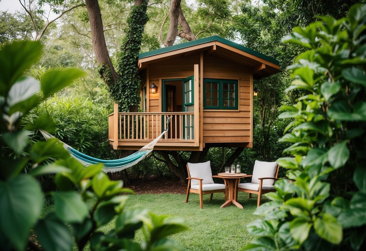 A cozy treehouse nestled among lush green foliage, with a hammock swaying in the gentle breeze and a small table set for two