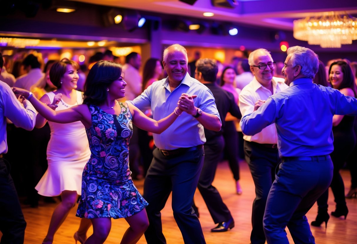 A group of adults salsa dancing in a vibrant, crowded nightclub. The dancers move gracefully to the rhythm of the music, creating a lively and energetic atmosphere