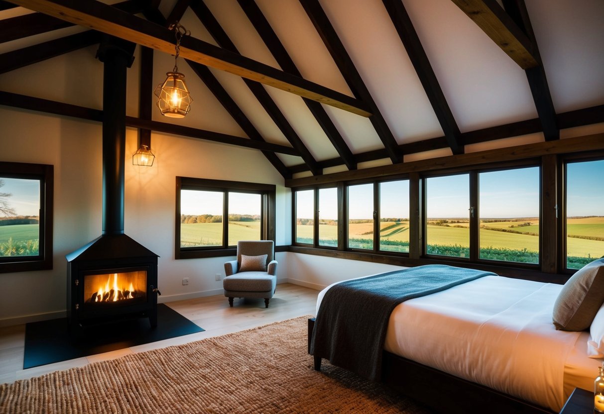 A cozy windmill interior with a crackling fireplace, a comfortable bed, and large windows offering views of rolling countryside