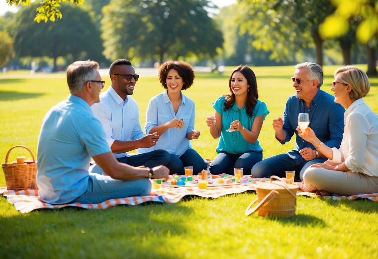 A group of adults enjoying a picnic in a lush park, playing games and laughing together in the warm sunshine
