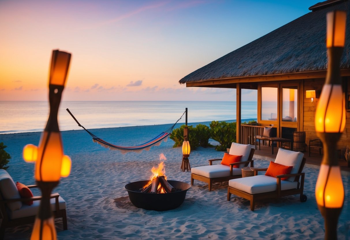 A cozy beachfront bungalow with a hammock, tiki torches, and a bonfire pit overlooking the ocean at sunset