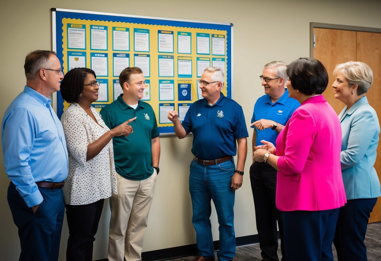 A group of adults stand in front of a bulletin board covered in various activity options, pointing and discussing their choices