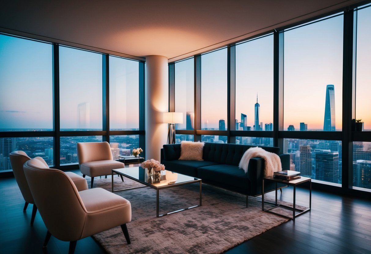 A modern city loft with sleek furniture, large windows, and a skyline view. Trendy decor and soft lighting create a cozy and romantic atmosphere