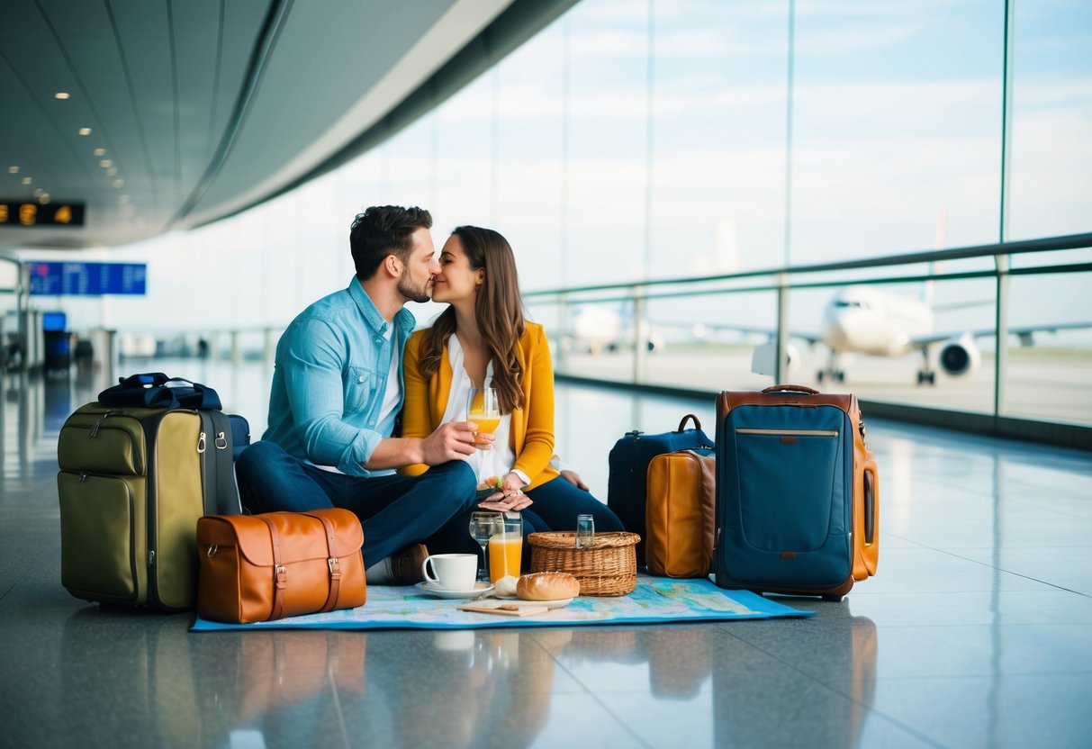 A couple picnicking on the airport floor, surrounded by travel bags and a map, as planes take off in the distance