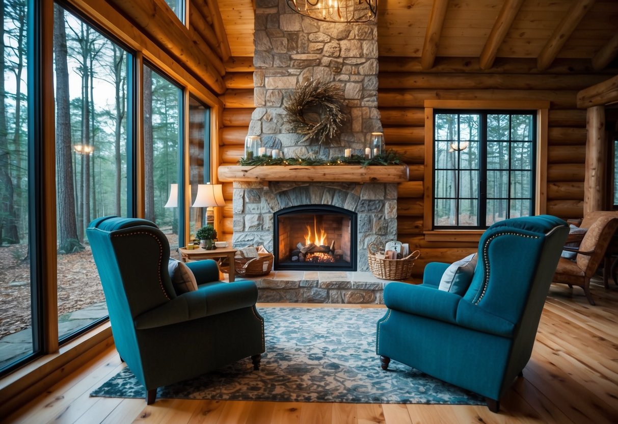 A cozy forest lodge with a crackling fireplace, plush armchairs, and large windows overlooking a serene woodland