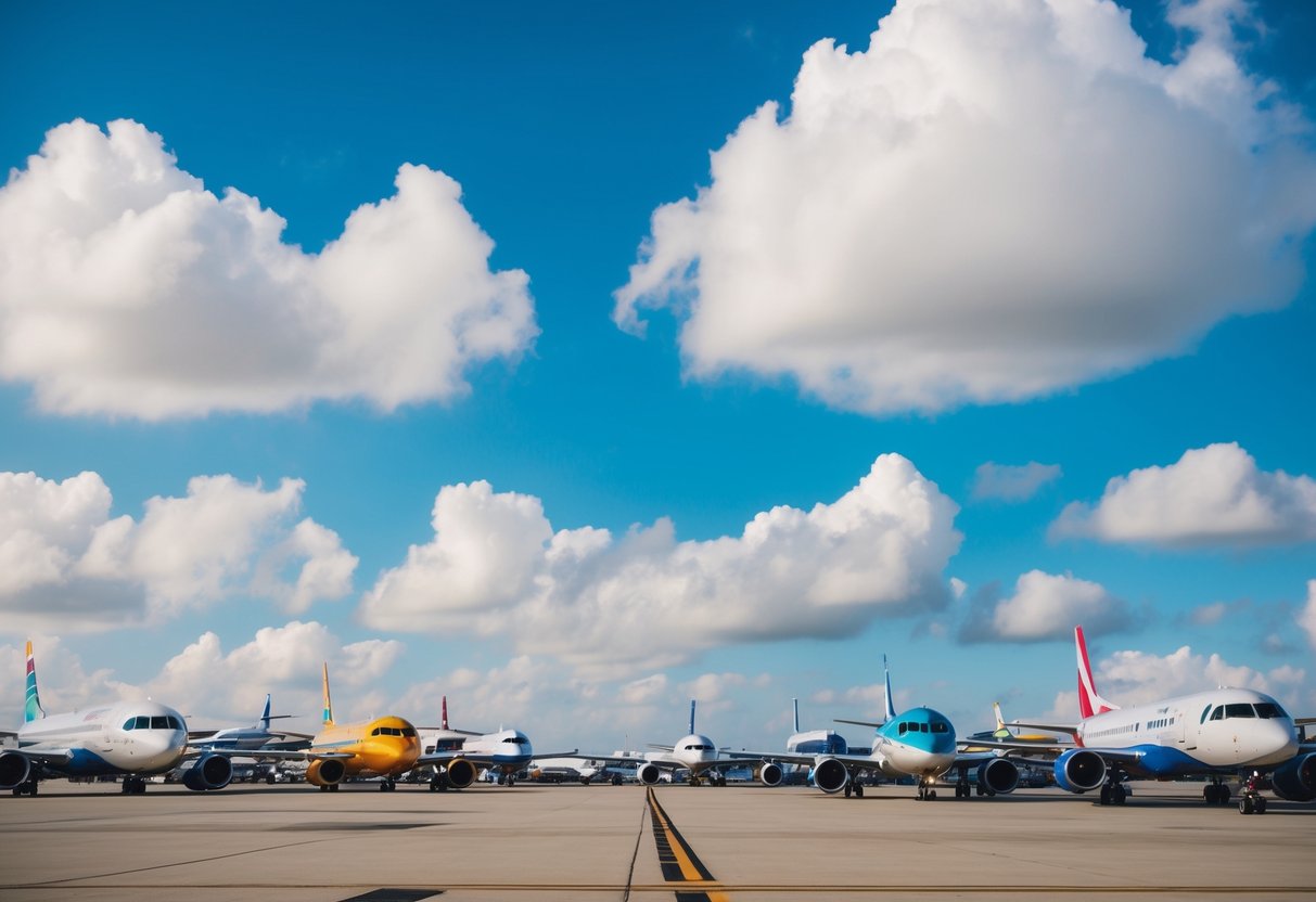 A colorful array of planes parked on the tarmac, with a clear blue sky and fluffy white clouds in the background