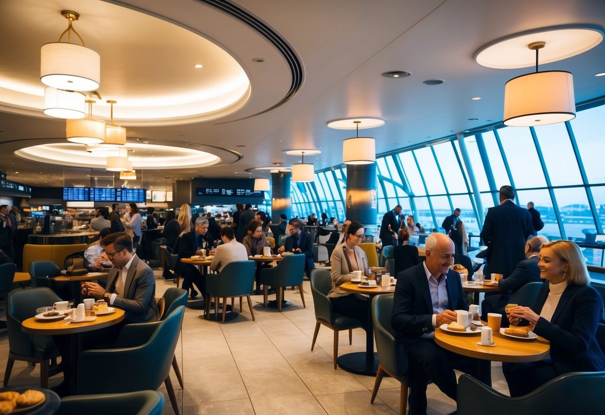 A cozy cafe in a bustling airport departure lounge, with travelers enjoying coffee and pastries while waiting for their flights