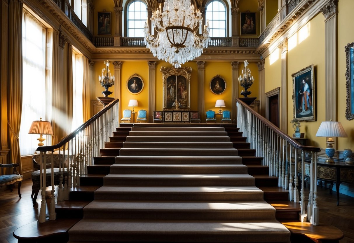 A grand staircase leads to ornate rooms filled with antique furniture, chandeliers, and historic artwork. Sunlight streams through the large windows, casting a warm glow on the elegant interior