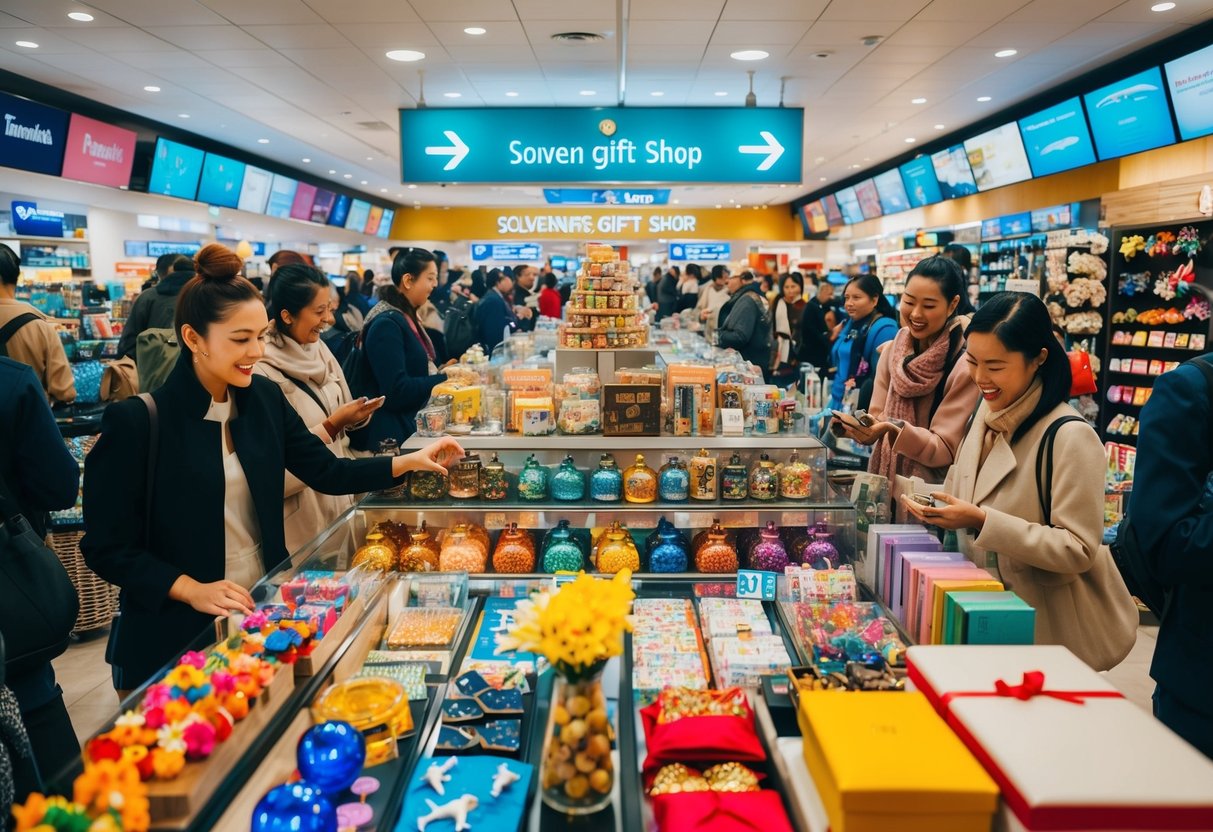 A bustling airport gift shop with colorful displays of souvenirs and trinkets, surrounded by excited travelers browsing for unique mementos