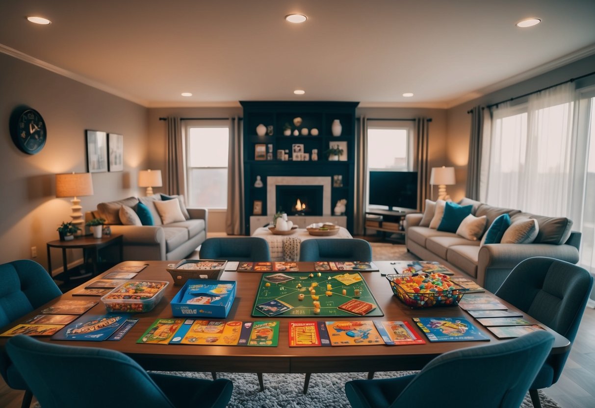 A cozy living room with board games and snacks spread out on a large table, surrounded by comfortable seating and warm lighting